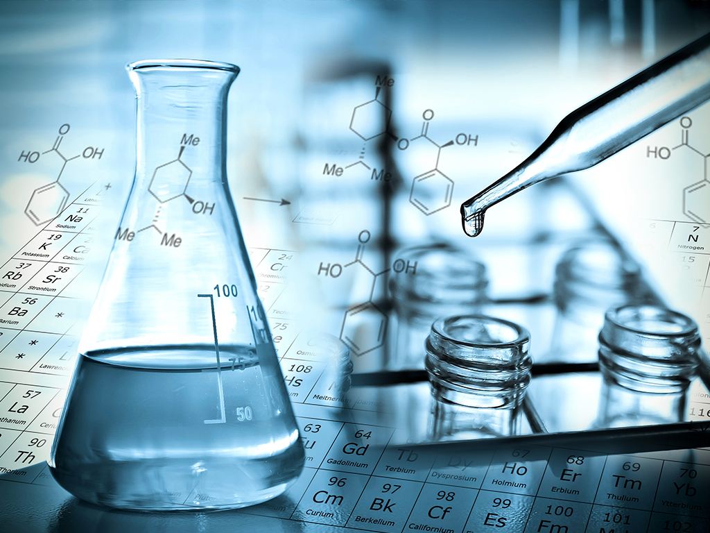 Science laboratory glassware and chemistry diagrams